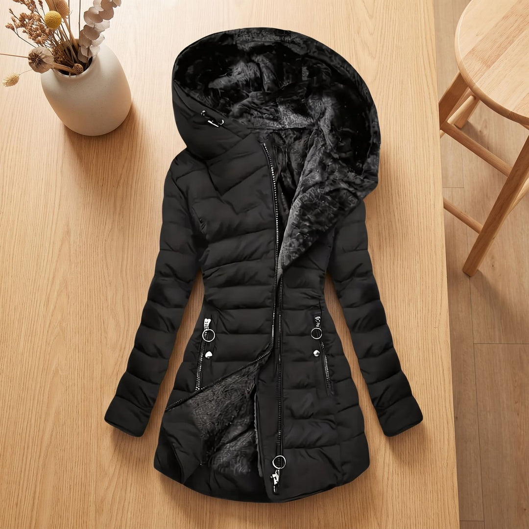 Women's Faux Fur Lined Hooded Puffer Jacket Long Quilted Coat - Black