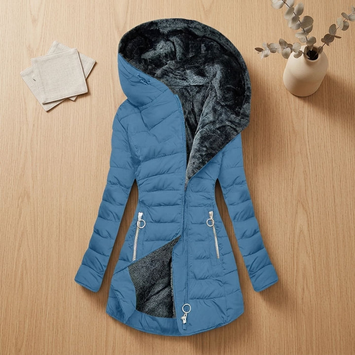 Women's Faux Fur Lined Hooded Puffer Jacket Long Quilted Coat - Blue