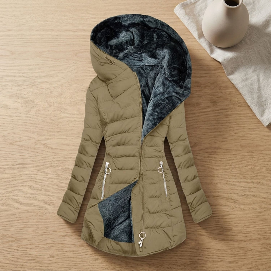 Women's Faux Fur Lined Hooded Puffer Jacket Long Quilted Coat - Khaki