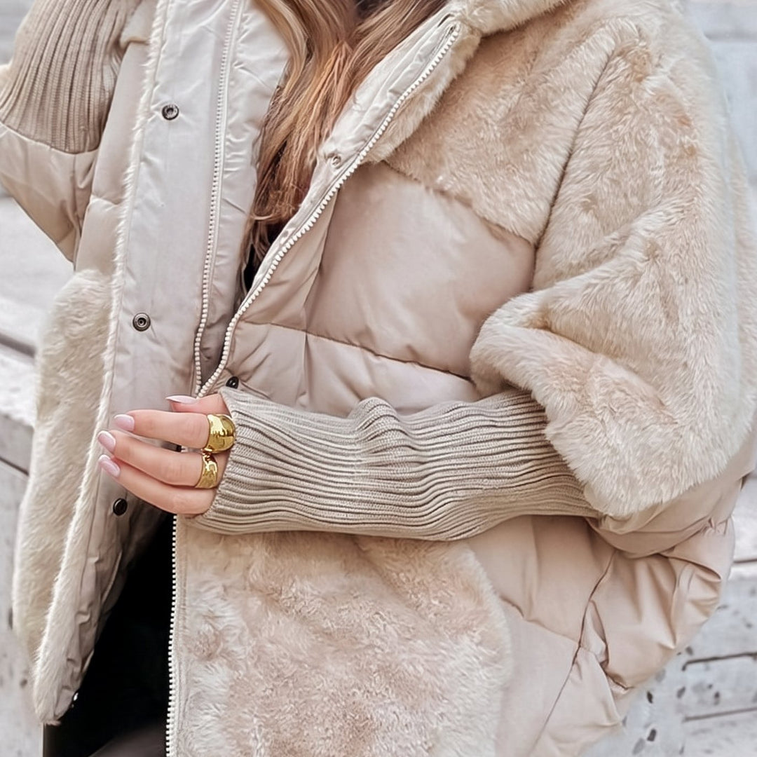 Women's Faux Fur Plush Hooded Quilted Winter Coat - Beige
