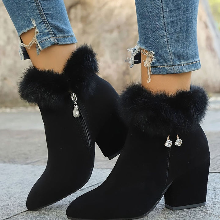 Women's Faux-Fur Trim Block-Heel Pointed-Toe Ankle Boots - Black