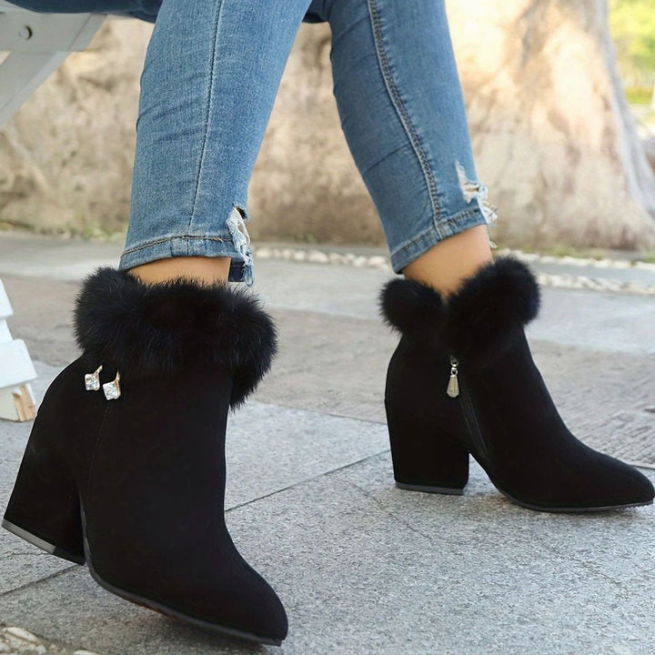 Women's Faux-Fur Trim Block-Heel Pointed-Toe Ankle Boots