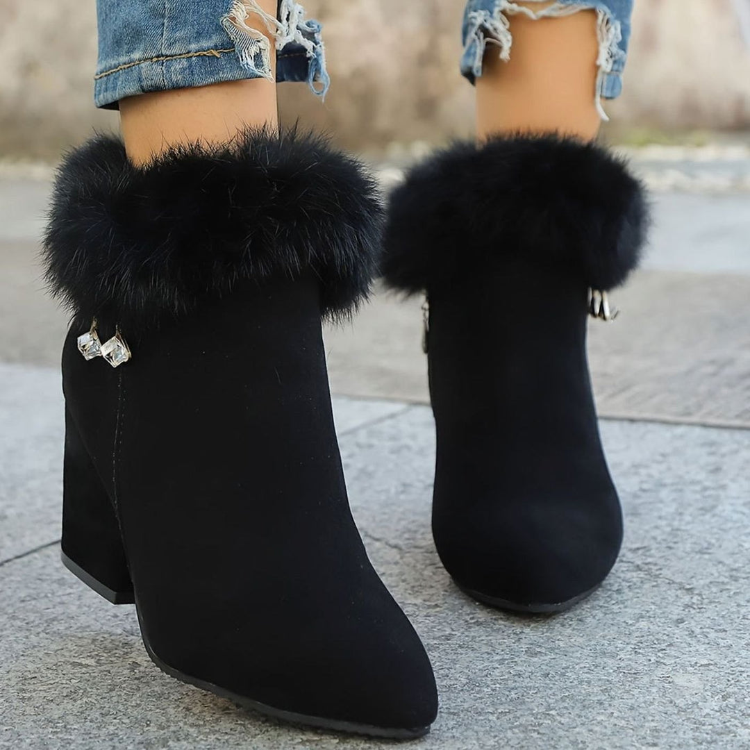 Women's Faux-Fur Trim Block-Heel Pointed-Toe Ankle Boots