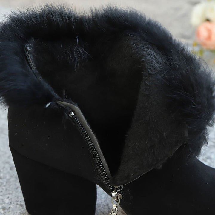 Women's Faux-Fur Trim Block-Heel Pointed-Toe Ankle Boots