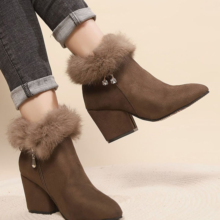 Women's Faux-Fur Trim Block-Heel Pointed-Toe Ankle Boots