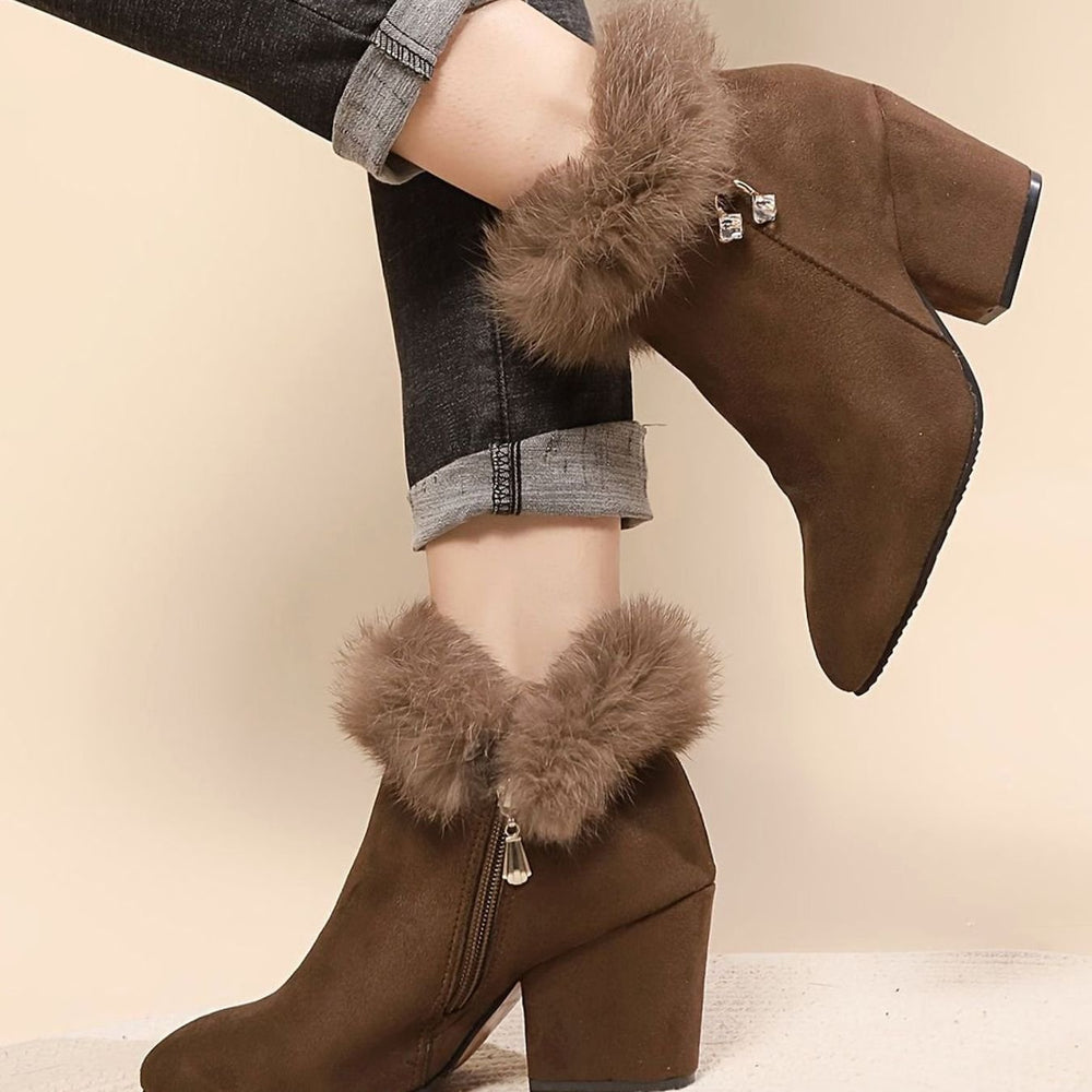 Women's Faux-Fur Trim Block-Heel Pointed-Toe Ankle Boots