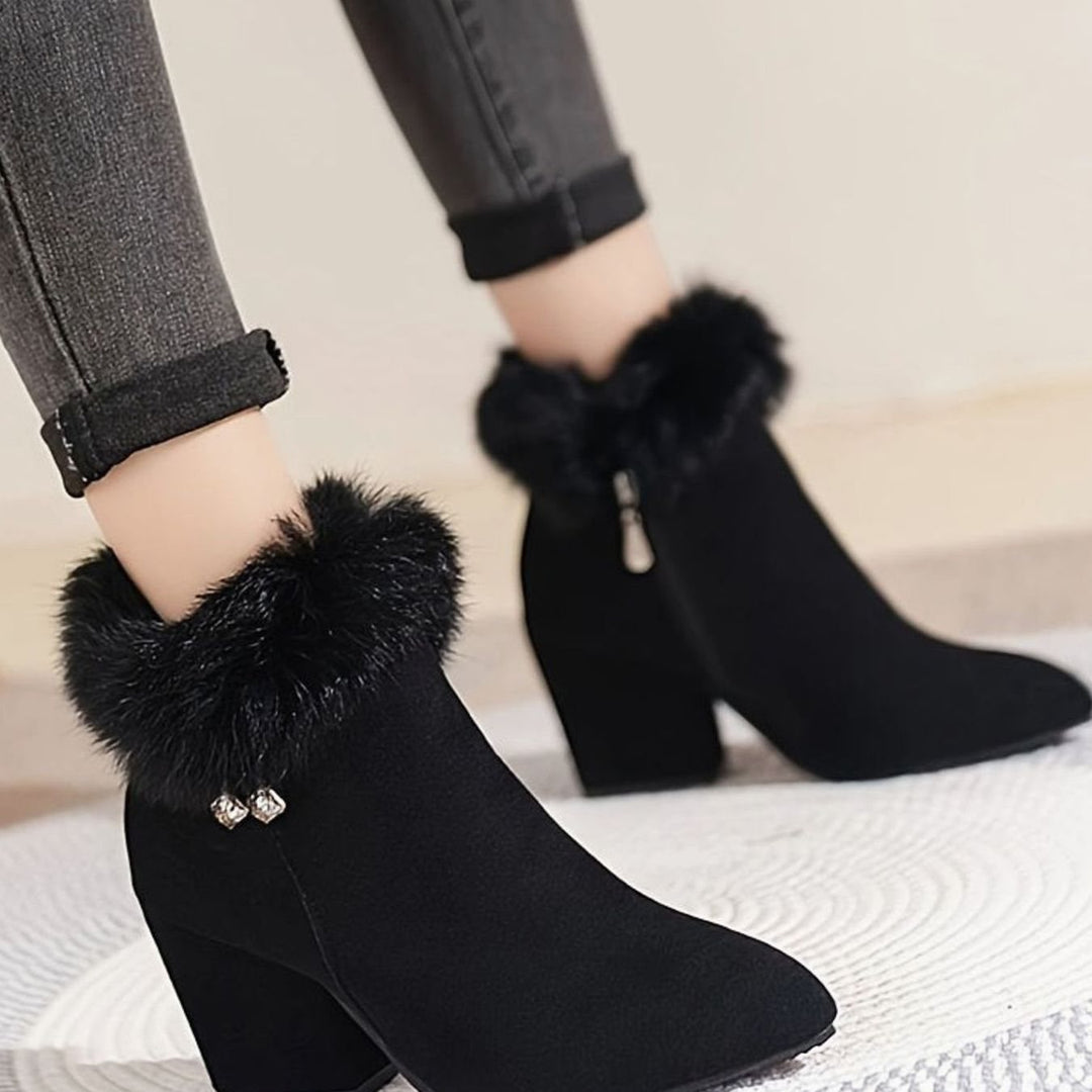 Women's Faux-Fur Trim Block-Heel Pointed-Toe Ankle Boots
