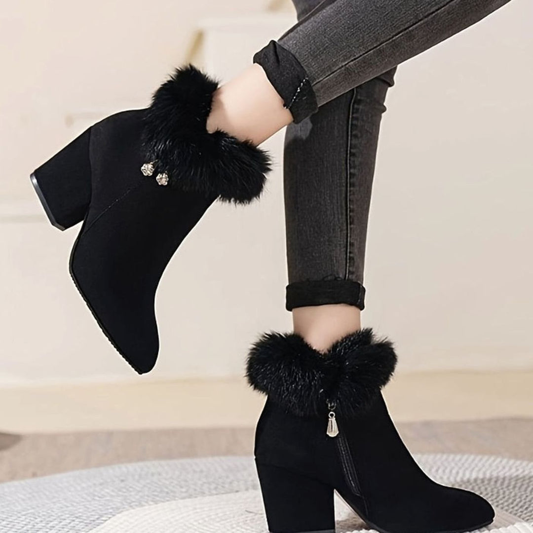 Women's Faux-Fur Trim Block-Heel Pointed-Toe Ankle Boots