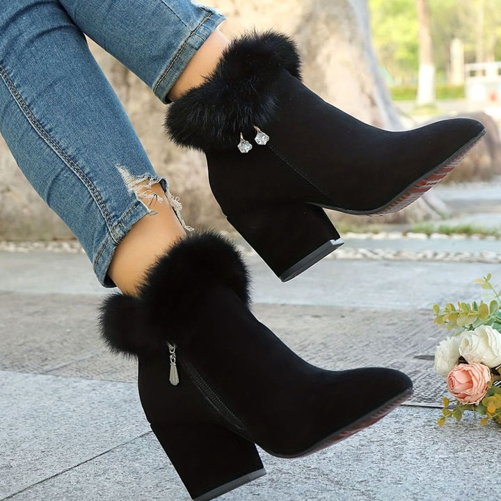Women's Faux-Fur Trim Block-Heel Pointed-Toe Ankle Boots