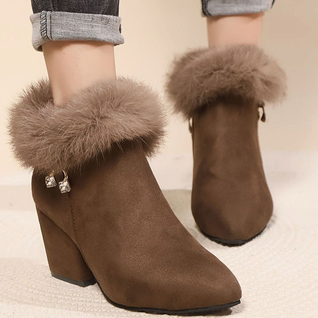 Women's Faux-Fur Trim Block-Heel Pointed-Toe Ankle Boots - Dark Brown