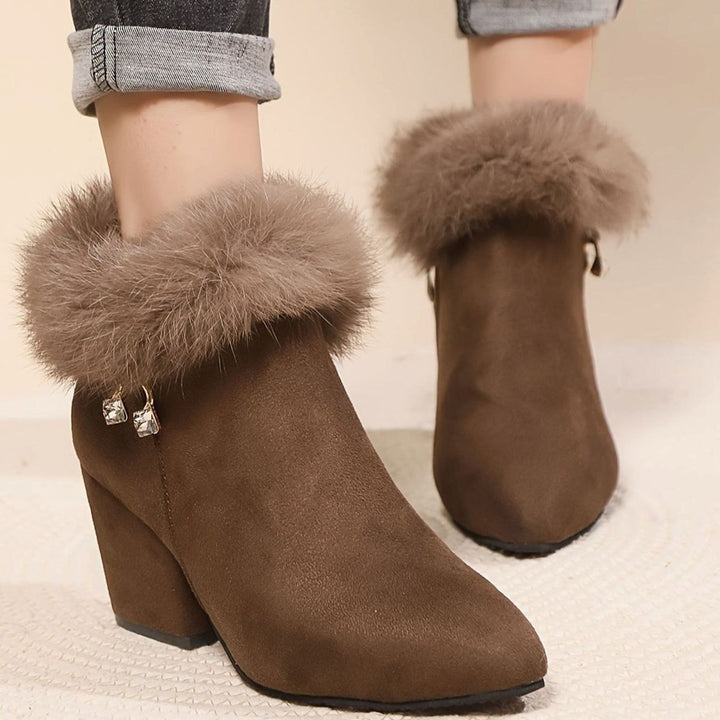 Women's Faux-Fur Trim Block-Heel Pointed-Toe Ankle Boots - Dark Brown
