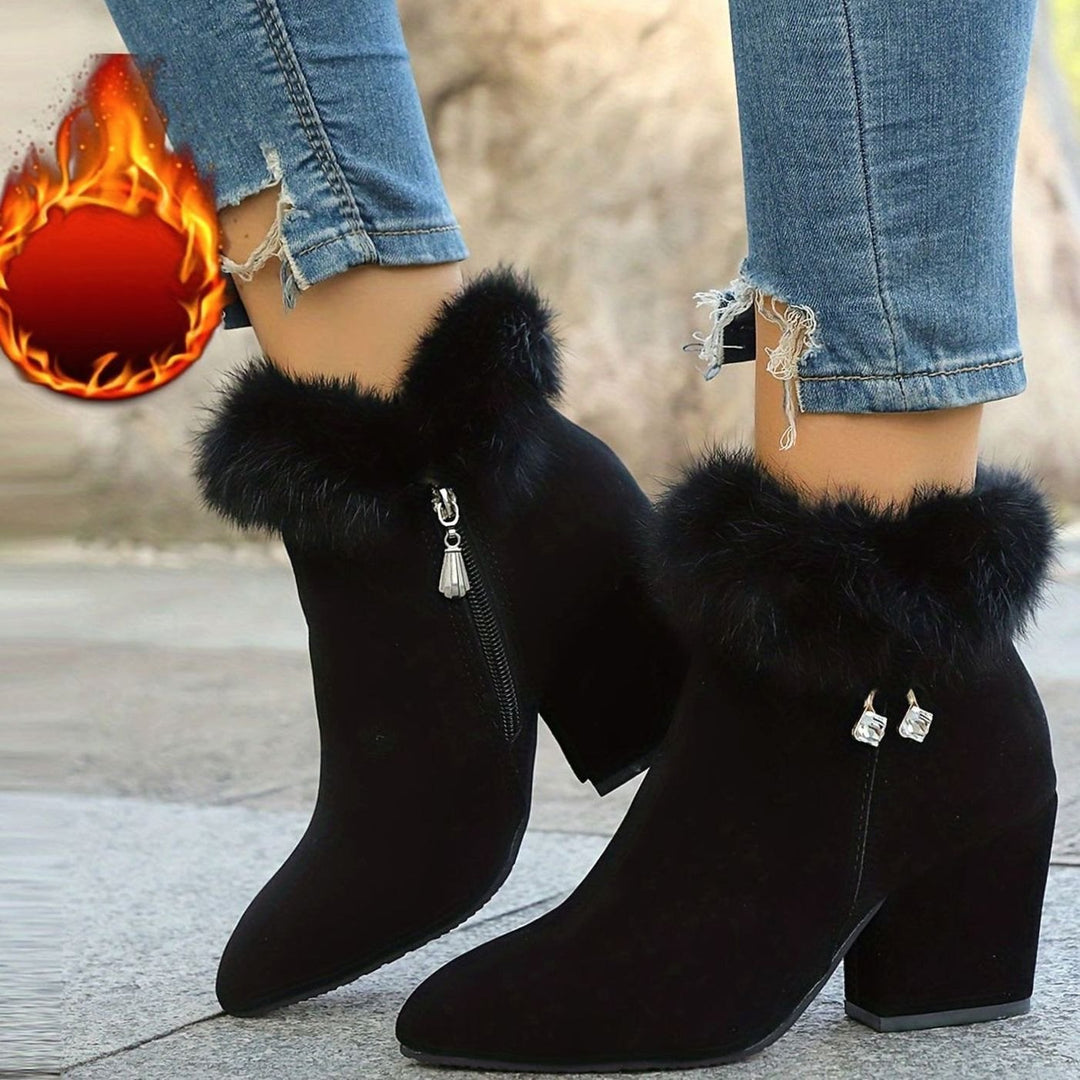 Women's Faux-Fur Trim Block-Heel Pointed-Toe Ankle Boots