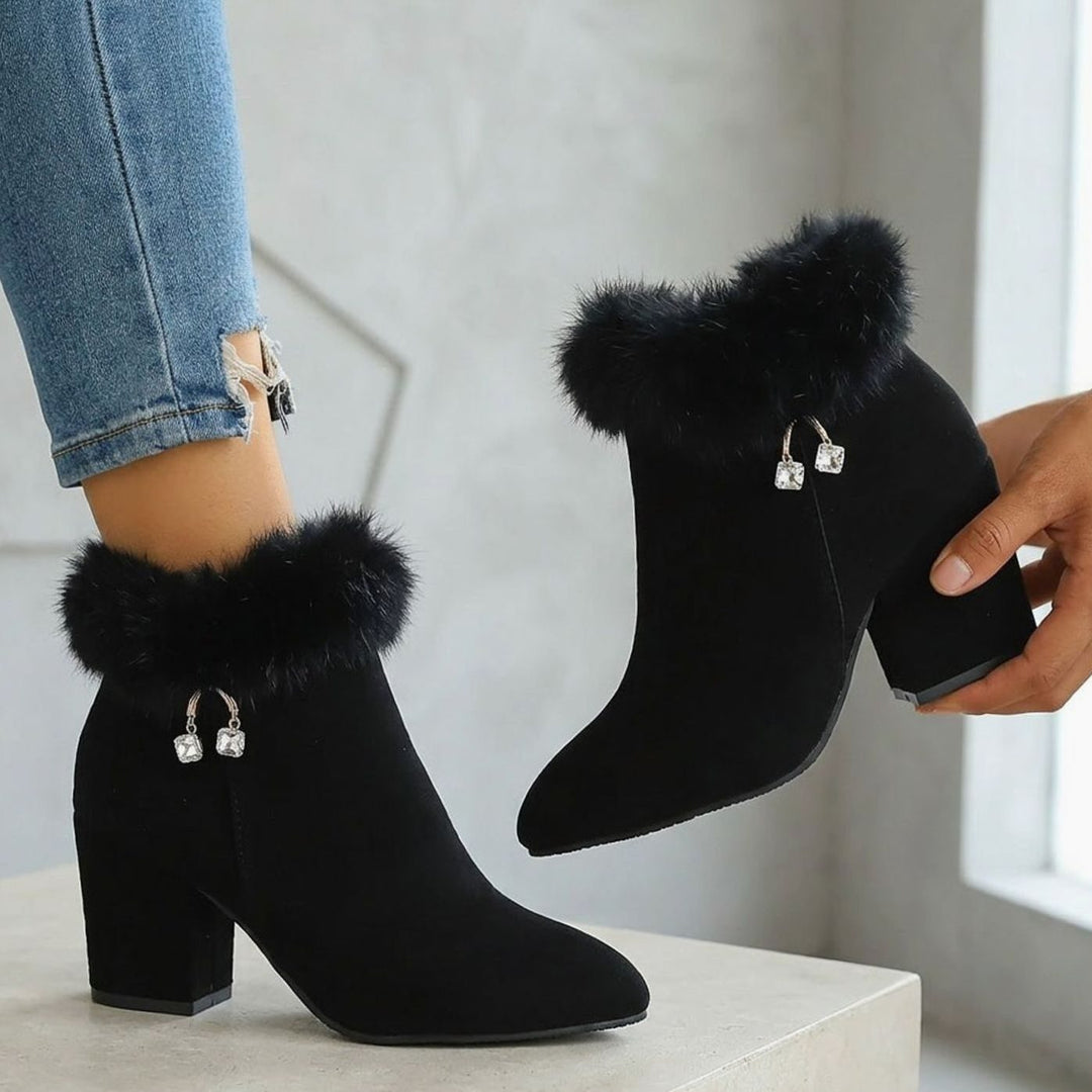 Women's Faux-Fur Trim Block-Heel Pointed-Toe Ankle Boots