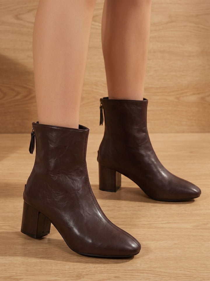 Women's Faux Leather Block Heel Zip-Up Ankle Boots