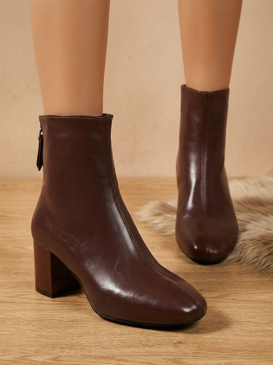 Women's Faux Leather Block Heel Zip-Up Ankle Boots - Red