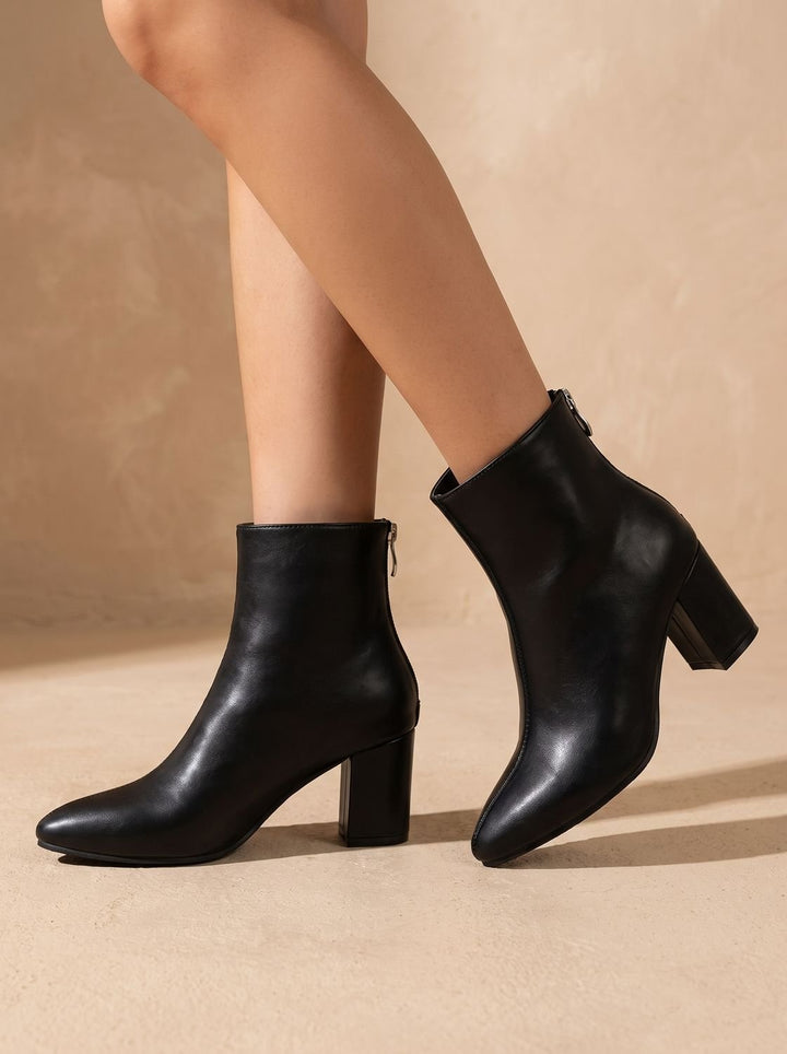 Women's Faux Leather Block Heel Zip-Up Ankle Boots - Black