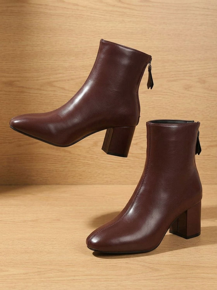 Women's Faux Leather Block Heel Zip-Up Ankle Boots - Brown