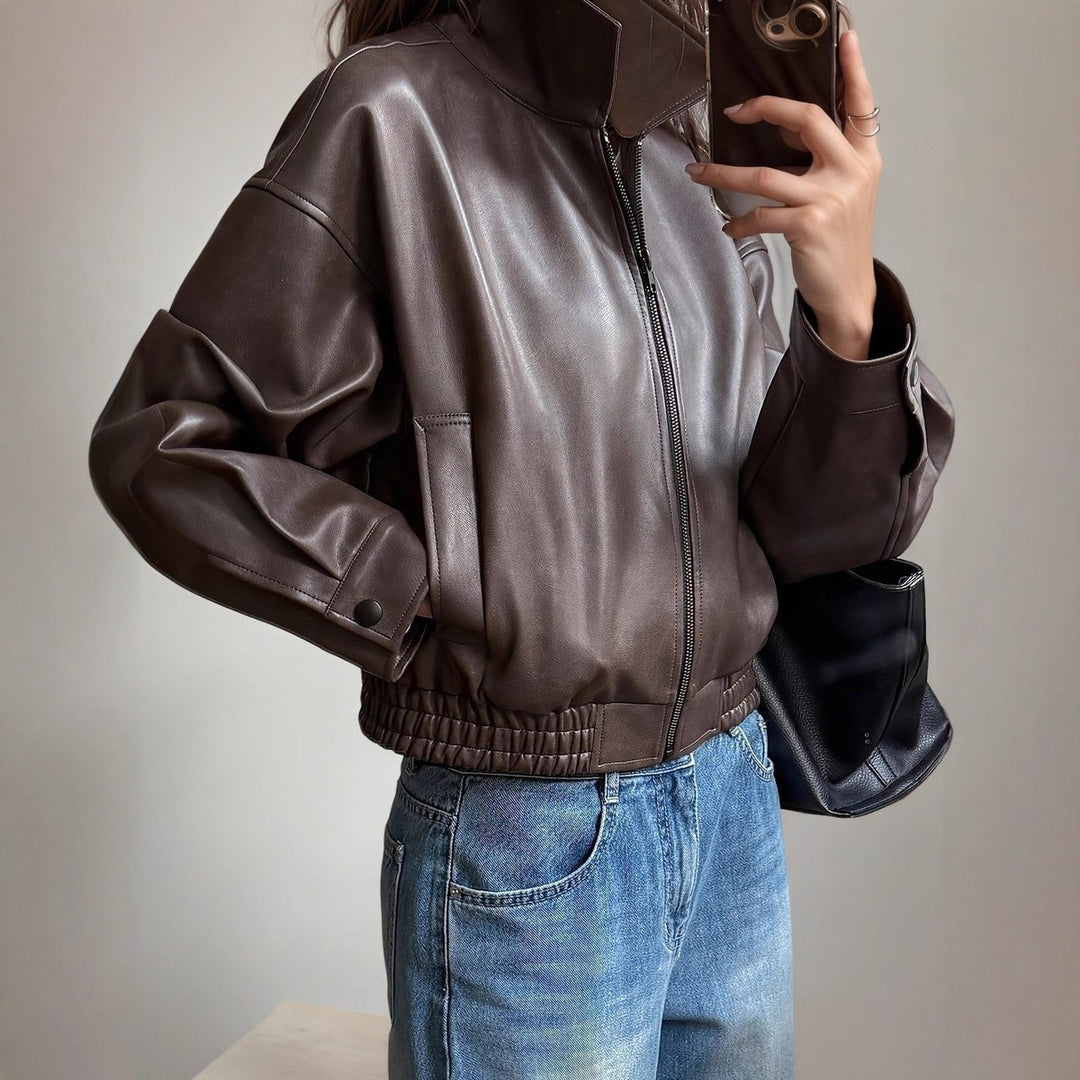 Women's Faux Leather Bomber Jacket Long Sleeve Zip-Up
