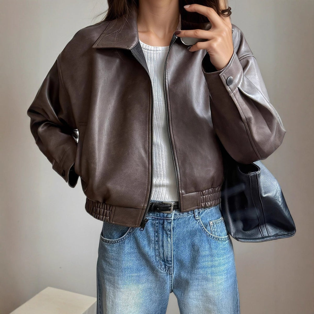 Women's Faux Leather Bomber Jacket Long Sleeve Zip-Up - Dark Brown
