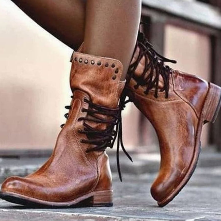 Women's Faux Leather Lace-Up Studded Mid-Calf Boots - Brown