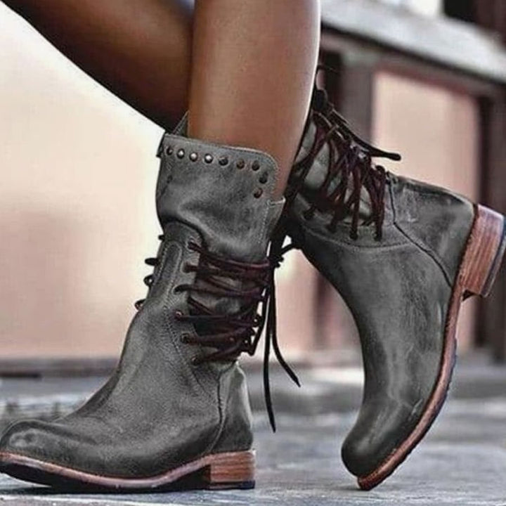 Women's Faux Leather Lace-Up Studded Mid-Calf Boots - Grey