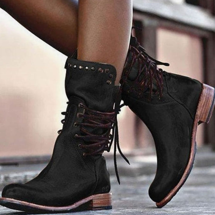 Women's Faux Leather Lace-Up Studded Mid-Calf Boots - Black
