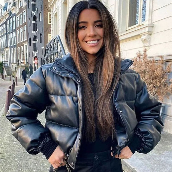 Women's Faux Leather Quilted Puffer Jacket Hooded Winter Coat - Black