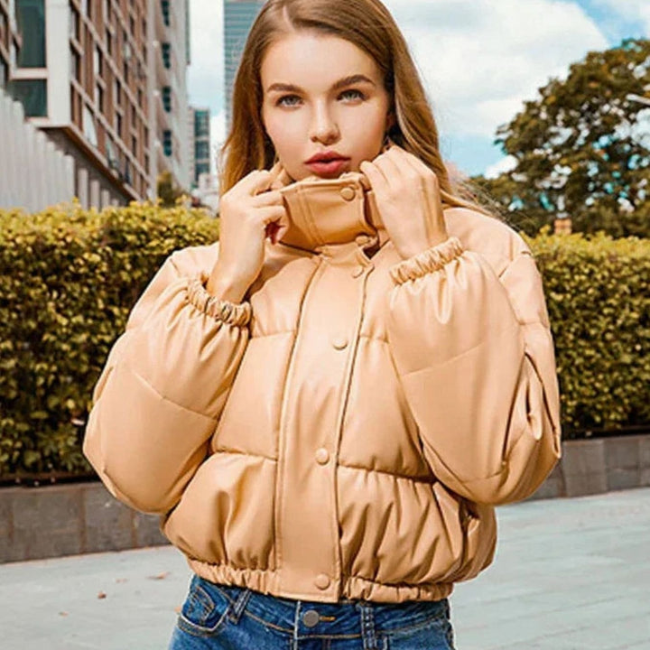 Women's Faux Leather Quilted Puffer Jacket Hooded Winter Coat