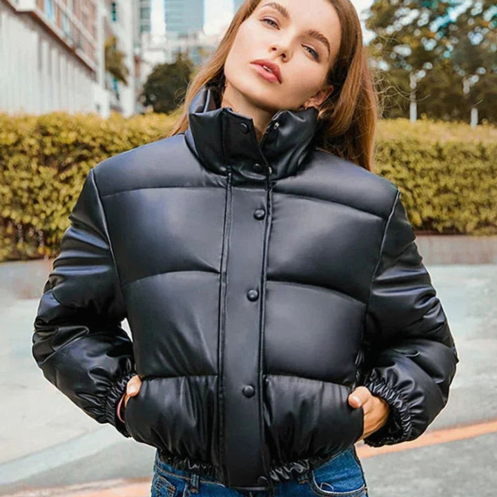 Women's Faux Leather Quilted Puffer Jacket Hooded Winter Coat