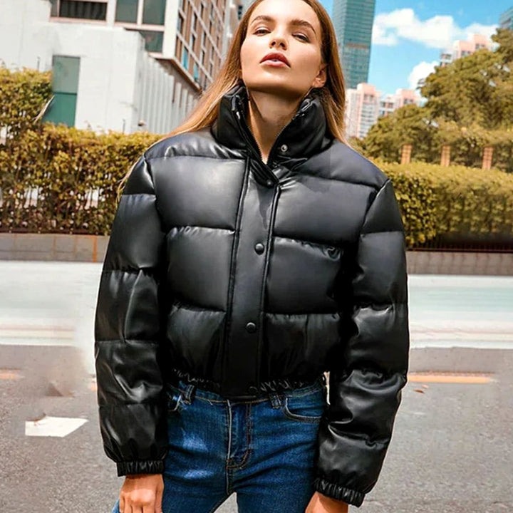 Women's Faux Leather Quilted Puffer Jacket Hooded Winter Coat