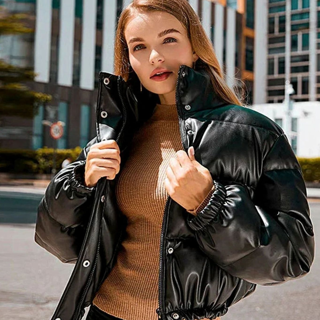 Women's Faux Leather Quilted Puffer Jacket Hooded Winter Coat