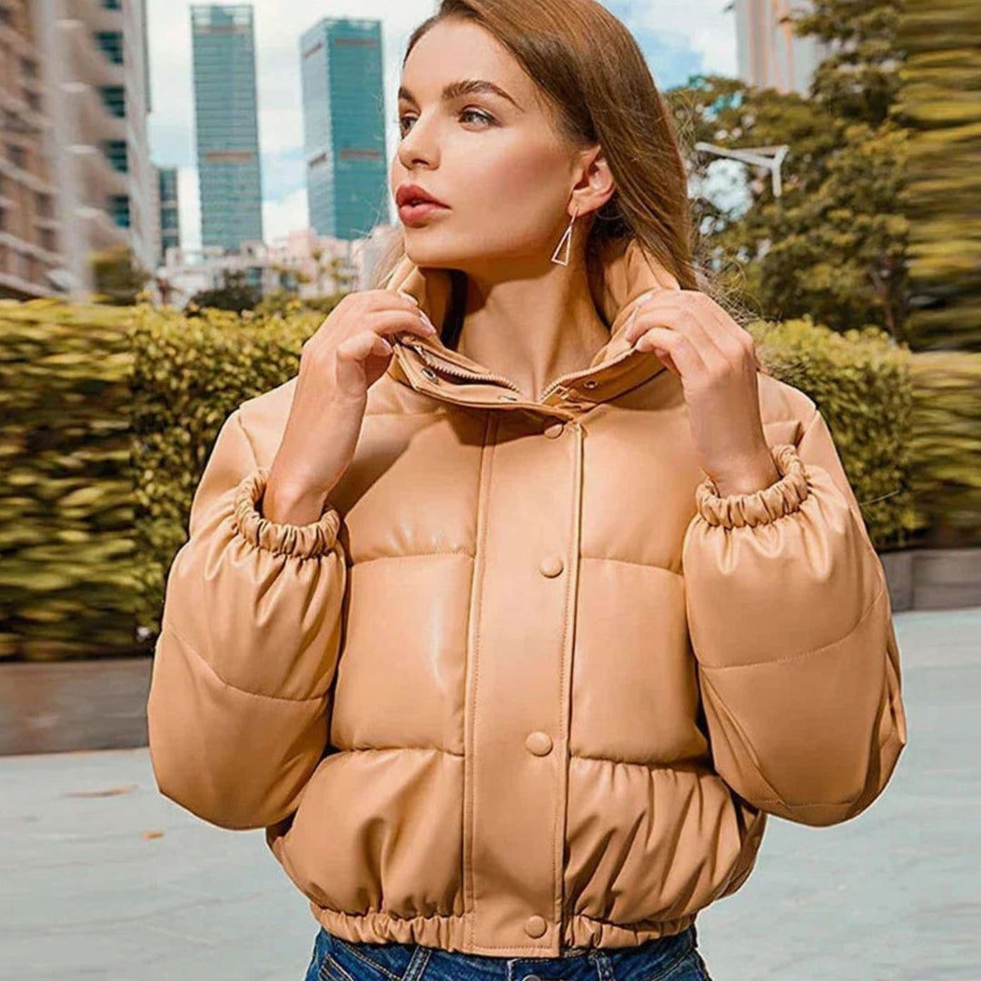 Women's Faux Leather Quilted Puffer Jacket Hooded Winter Coat - Khaki