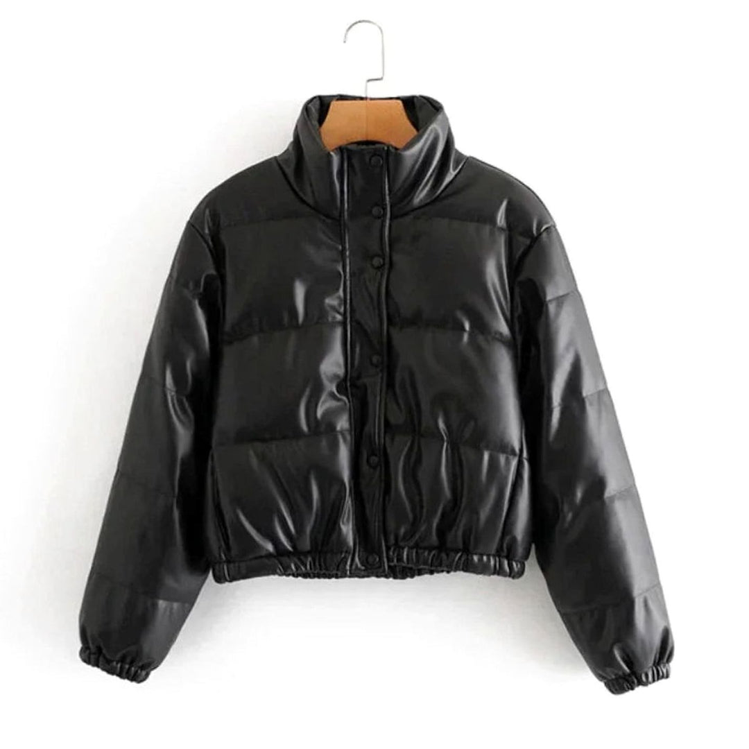 Women's Faux Leather Quilted Puffer Jacket Hooded Winter Coat