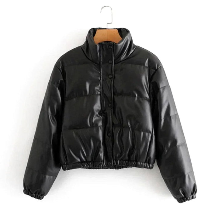Women's Faux Leather Quilted Puffer Jacket Hooded Winter Coat