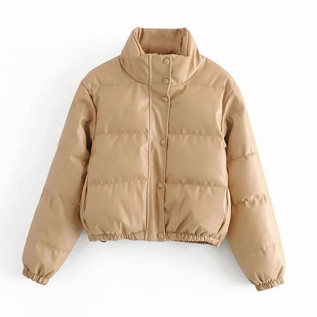 Women's Faux Leather Quilted Puffer Jacket Hooded Winter Coat
