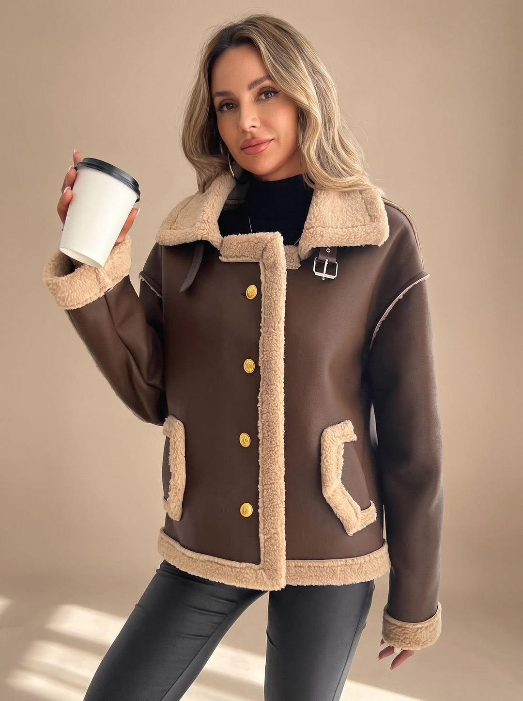 Women's Faux Leather Shearling Button-Front Jacket - Brown