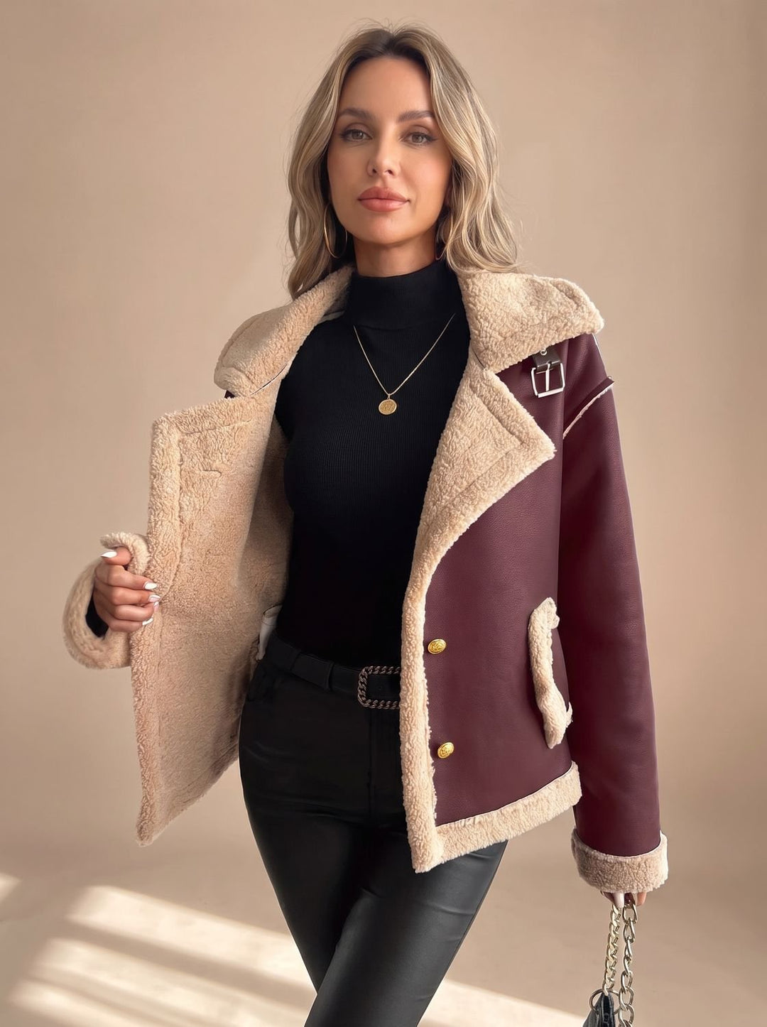 Women's Faux Leather Shearling Button-Front Jacket