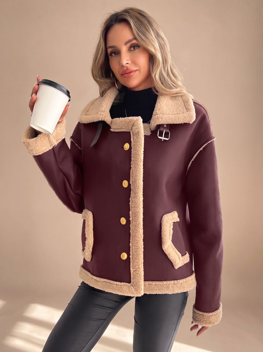 Women's Faux Leather Shearling Button-Front Jacket - Red