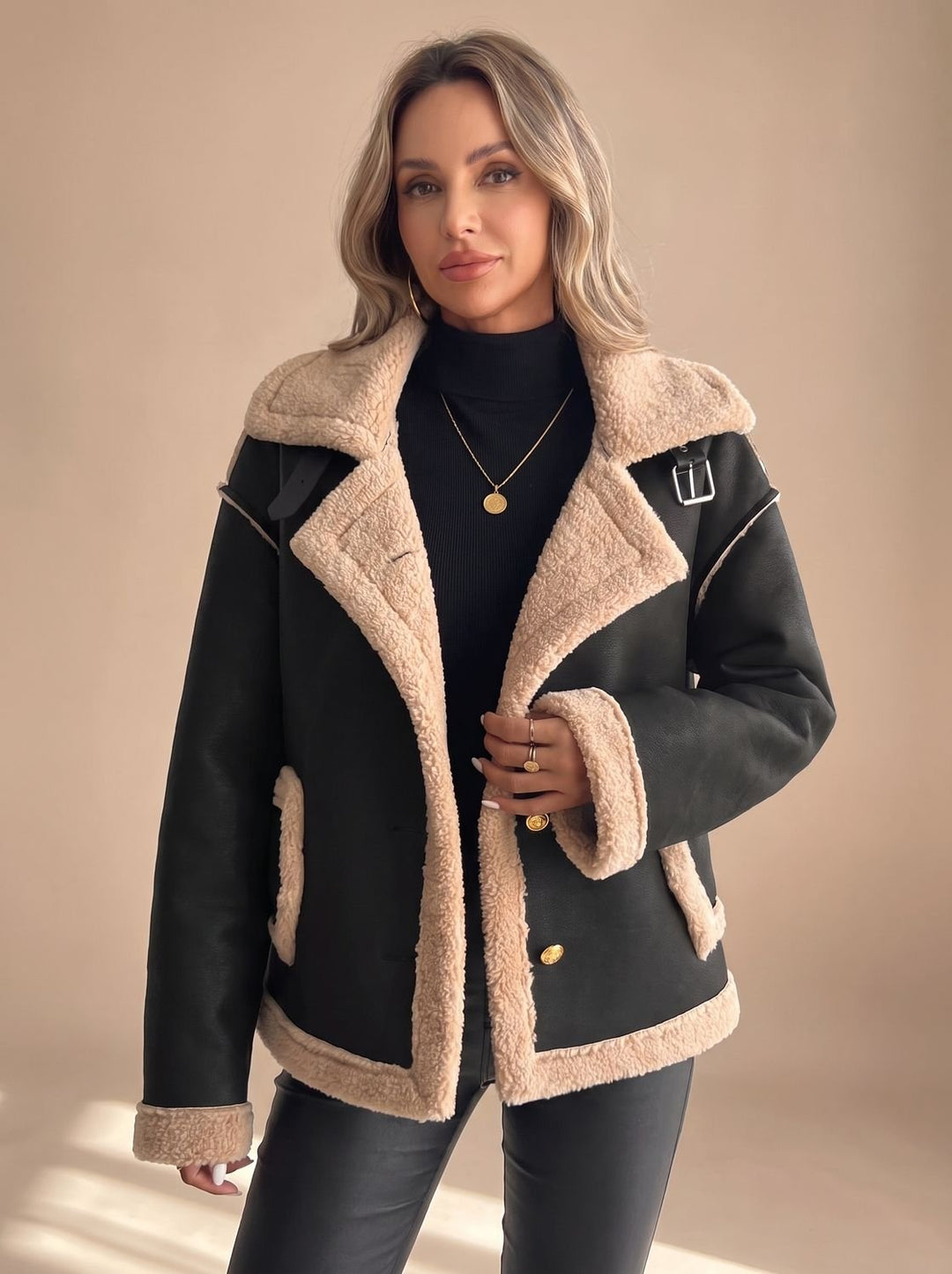 Women's Faux Leather Shearling Button-Front Jacket - Black