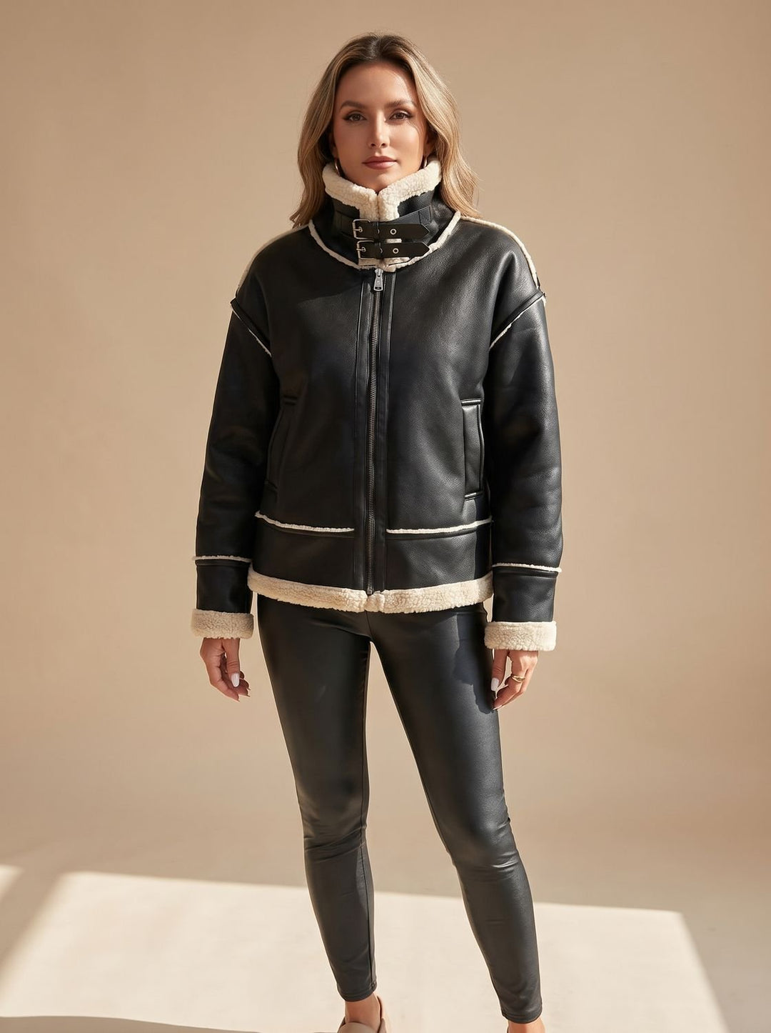 Women's Faux Leather Sherpa-Lined Zip-Up Aviator Jacket