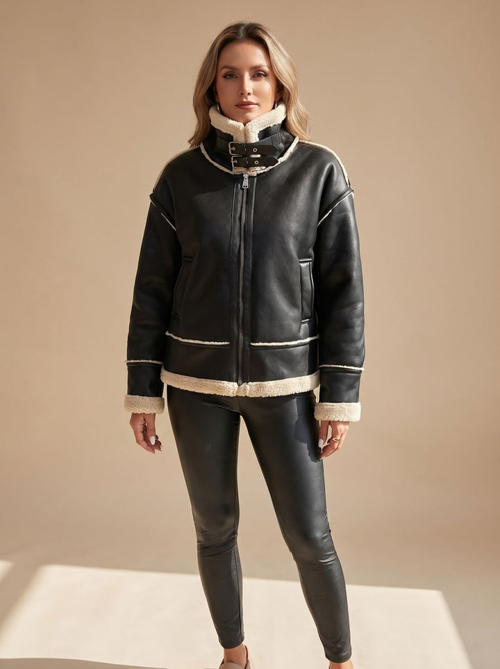 Women's Faux Leather Sherpa-Lined Zip-Up Aviator Jacket