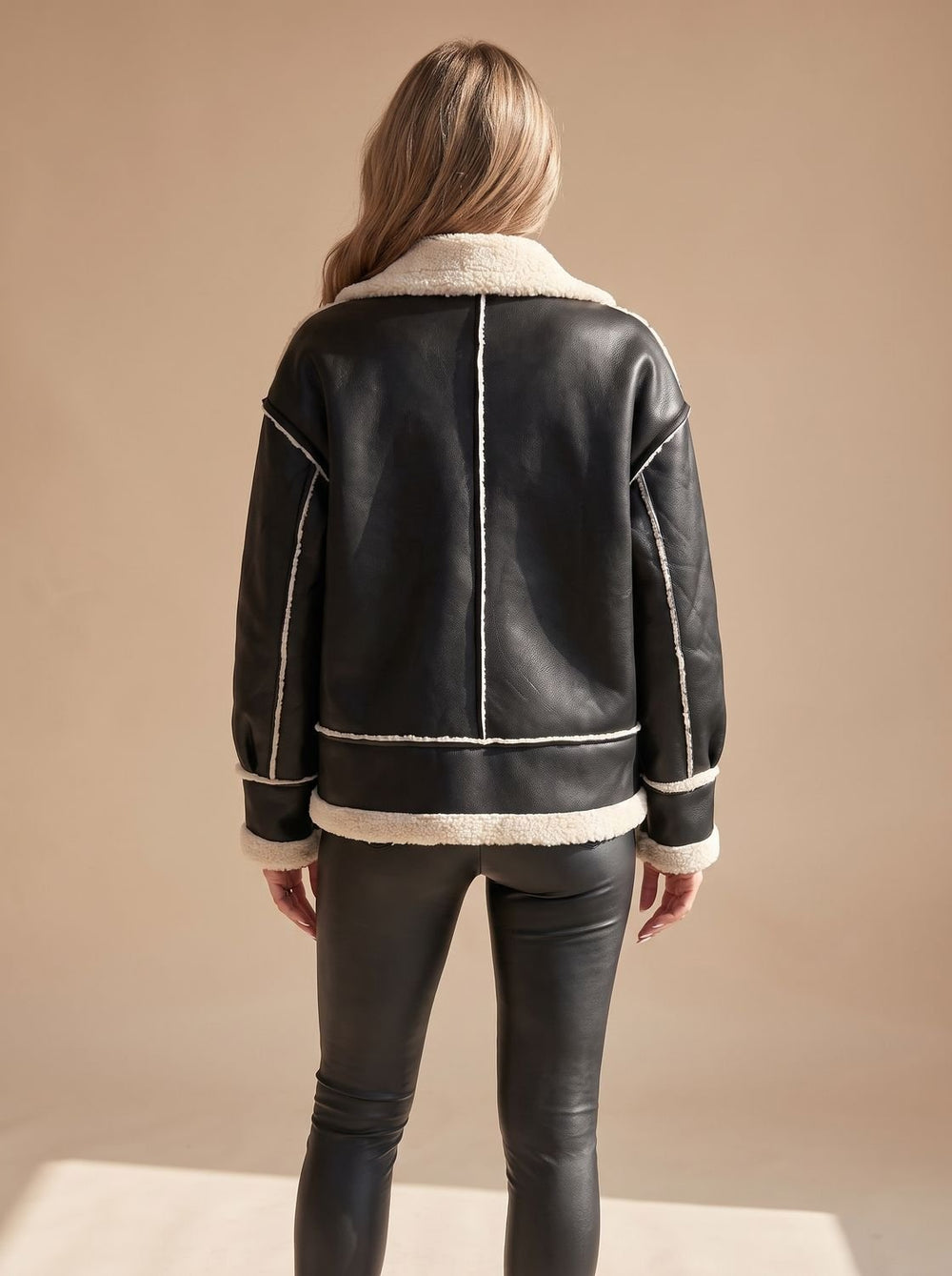 Women's Faux Leather Sherpa-Lined Zip-Up Aviator Jacket
