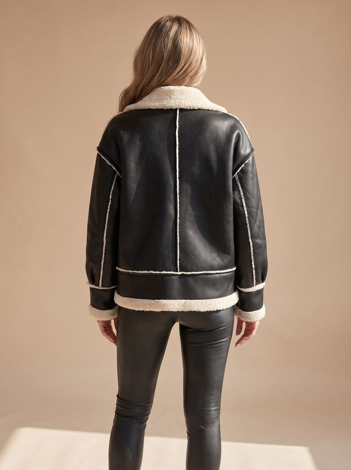 Women's Faux Leather Sherpa-Lined Zip-Up Aviator Jacket