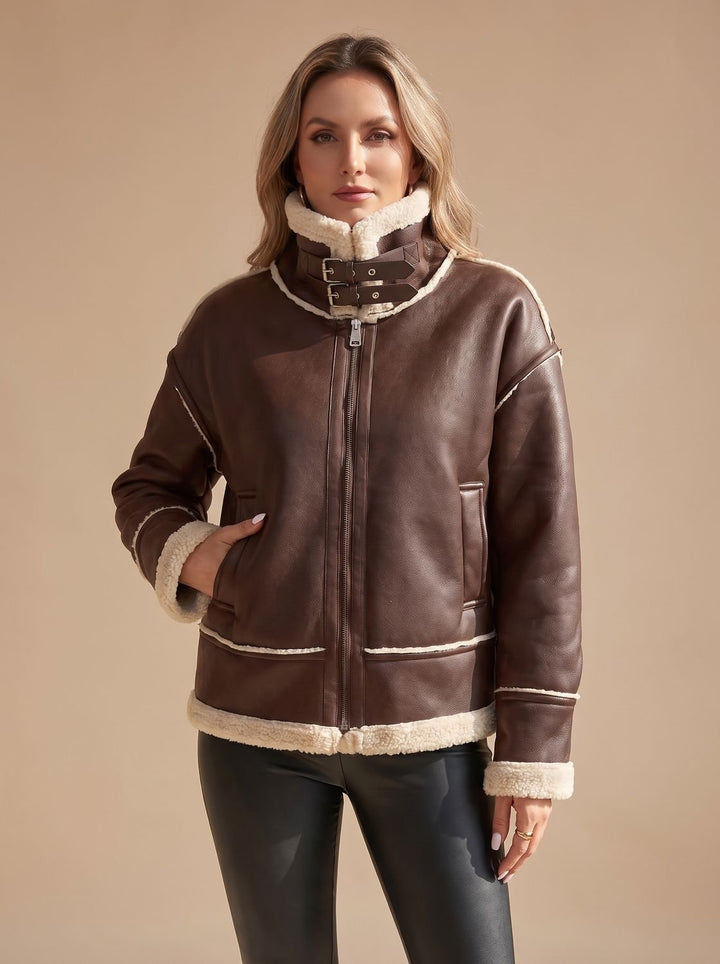 Women's Faux Leather Sherpa-Lined Zip-Up Aviator Jacket