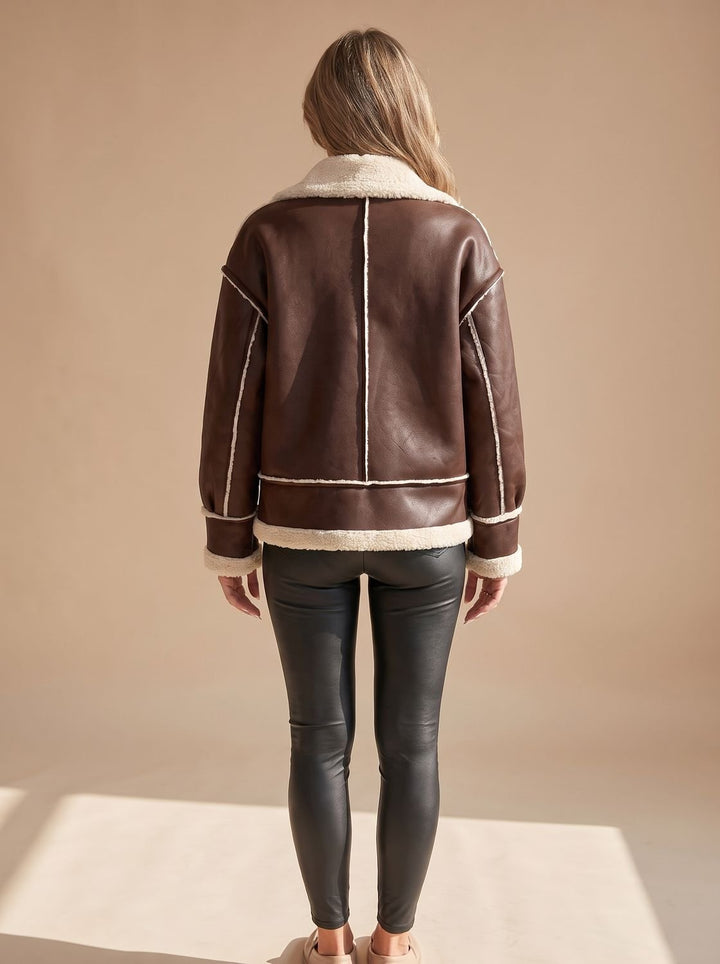 Women's Faux Leather Sherpa-Lined Zip-Up Aviator Jacket