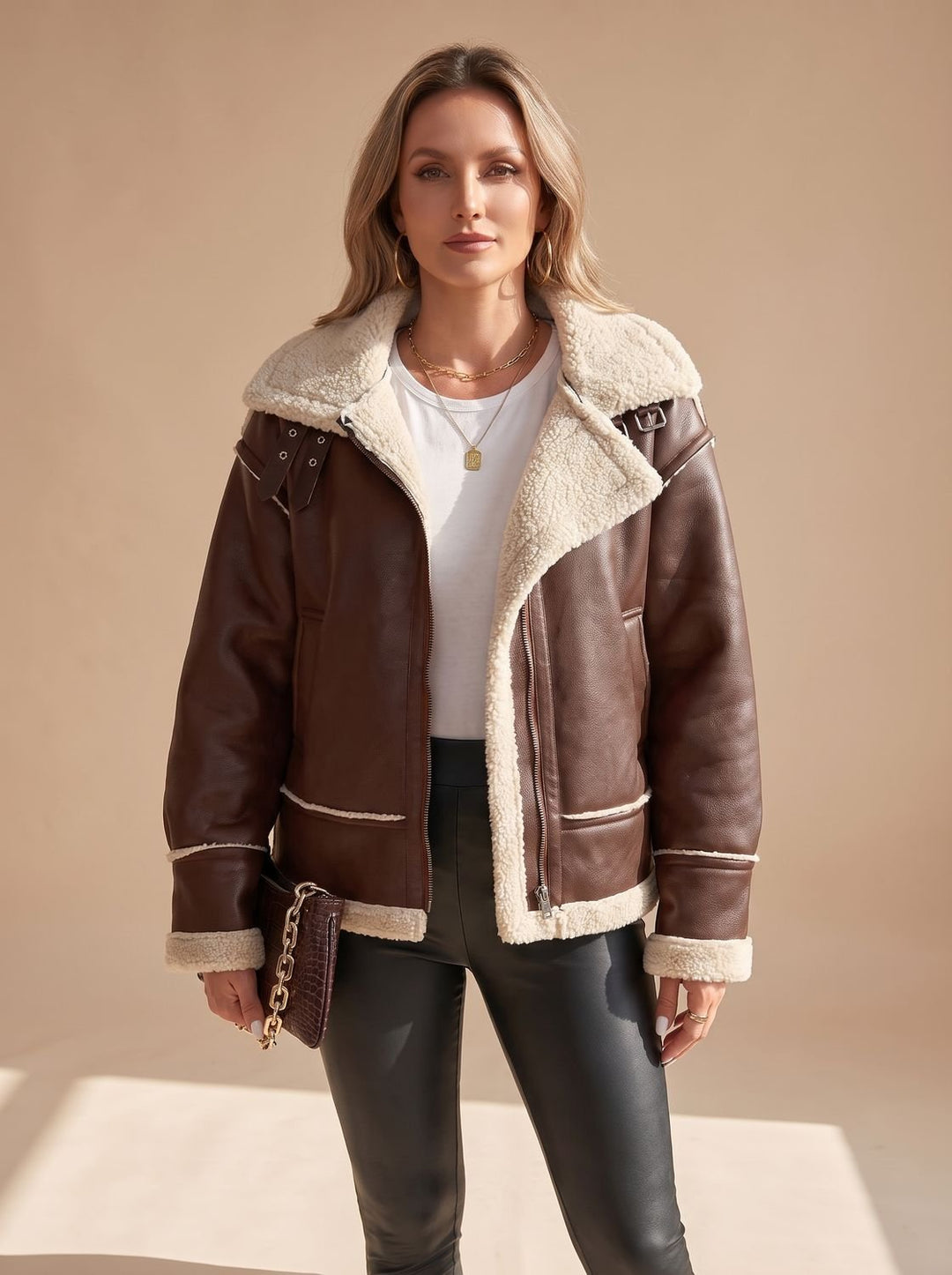 Women's Faux Leather Sherpa-Lined Zip-Up Aviator Jacket