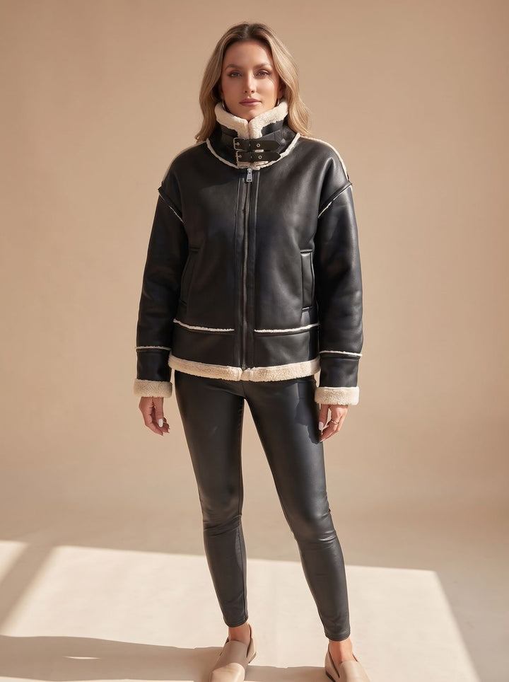 Women's Faux Leather Sherpa-Lined Zip-Up Aviator Jacket - Black