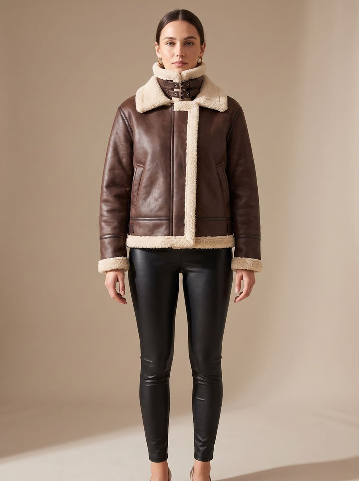 Women's Faux Leather Sherpa-Lined Zip-Up Aviator Jacket - Brown