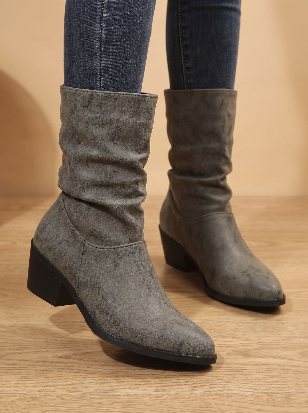 Women's Faux Leather Slouch Block-Heel Mid-Calf Boots - Gray