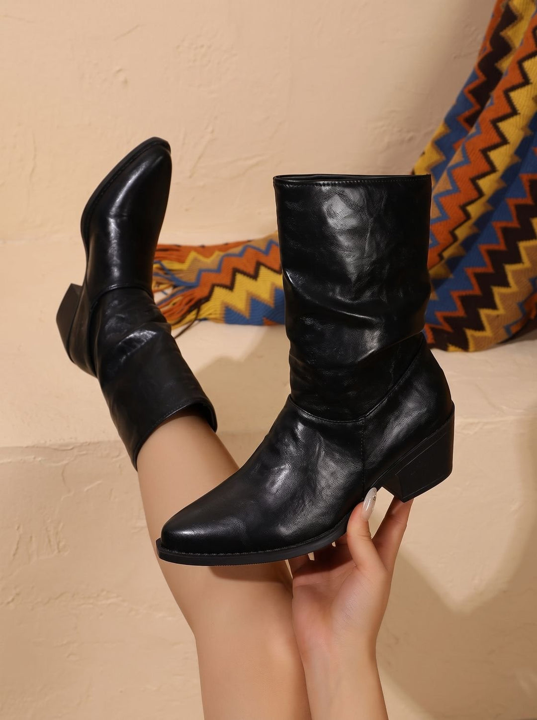 Women's Faux Leather Slouch Block-Heel Mid-Calf Boots - Black